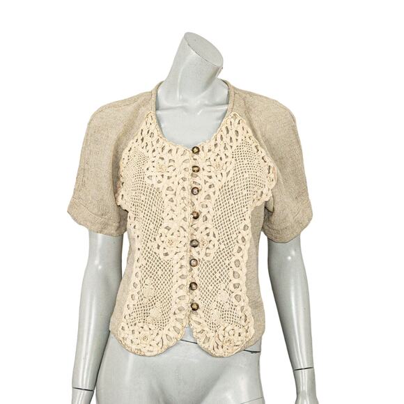 Spencer Alexis Women's Short Sleeve Crochet front Blouse in natural beige 8 - Picture 1 of 7